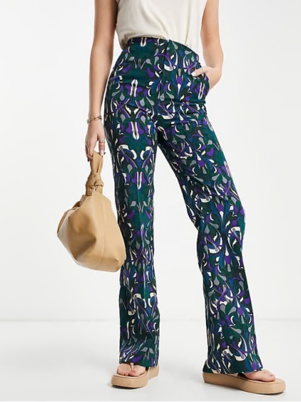 MANGO Retro Print Flare Pants Green Purple Blue Size 6 #250